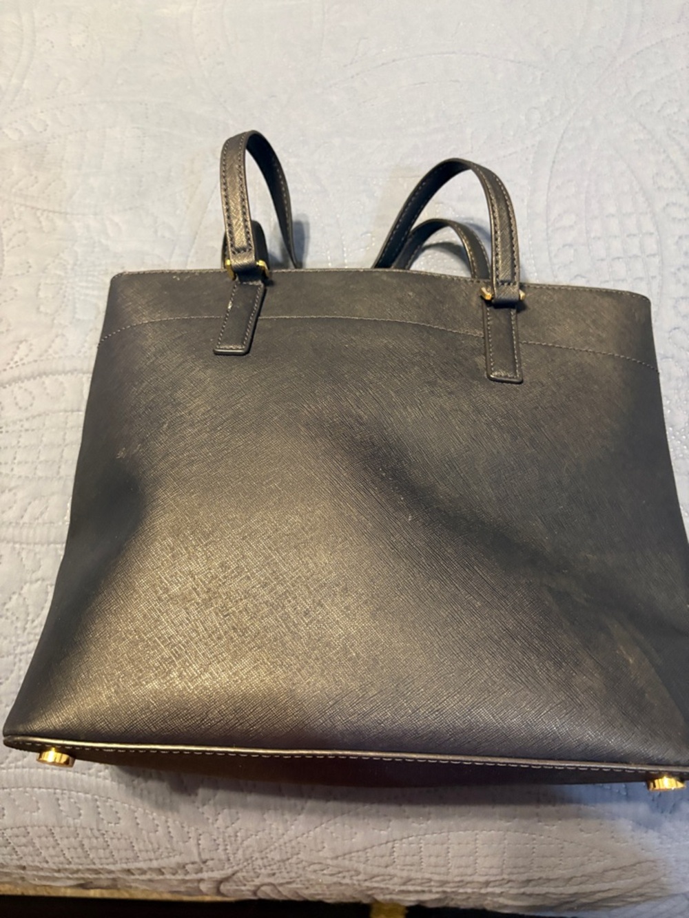 Classic Navy Blue Vinyl Tote Bag with Gold Accents